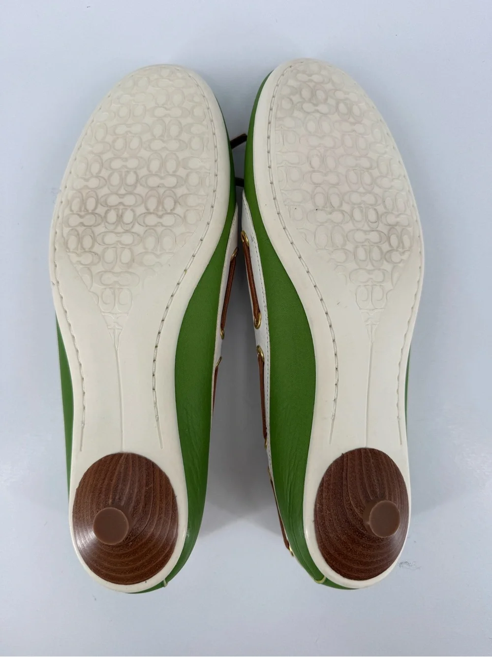 Coach Green and White Leather Boat Loafers with Tan Laces